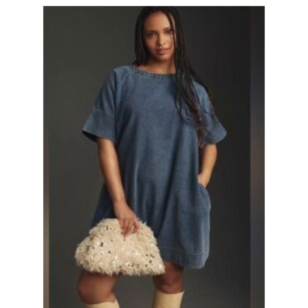 Anthropologie Porridge Short Sleeve Swing Denim Mini Dress Womens Medium